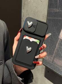 Valentines Y2K Sliding Plating Double Heart Frame Card Slot Phone Case Compatible With IPhone Waterproof Shockproof Anti-Fall Scratch Resistant