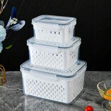 1pc Kitchen Food Storage Box With Lid For Fruits & Vegetables, Plastic Drainage, Refrigerator Freezer Organizer Container - White - View 10