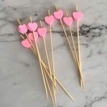 100pcs/pack Disposable Pink Heart Shaped Fruit Skewers, Sushi Skewers, Cocktail Picks, Appetizer Picks, Bamboo Sticks - Pink - View 1