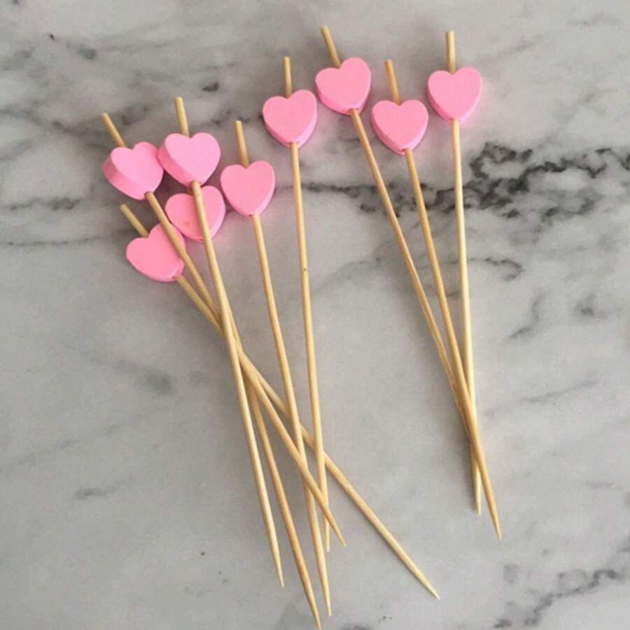 100pcs/pack Disposable Pink Heart Shaped Fruit Skewers, Sushi Skewers, Cocktail Picks, Appetizer Picks, Bamboo Sticks - Pink - View 1