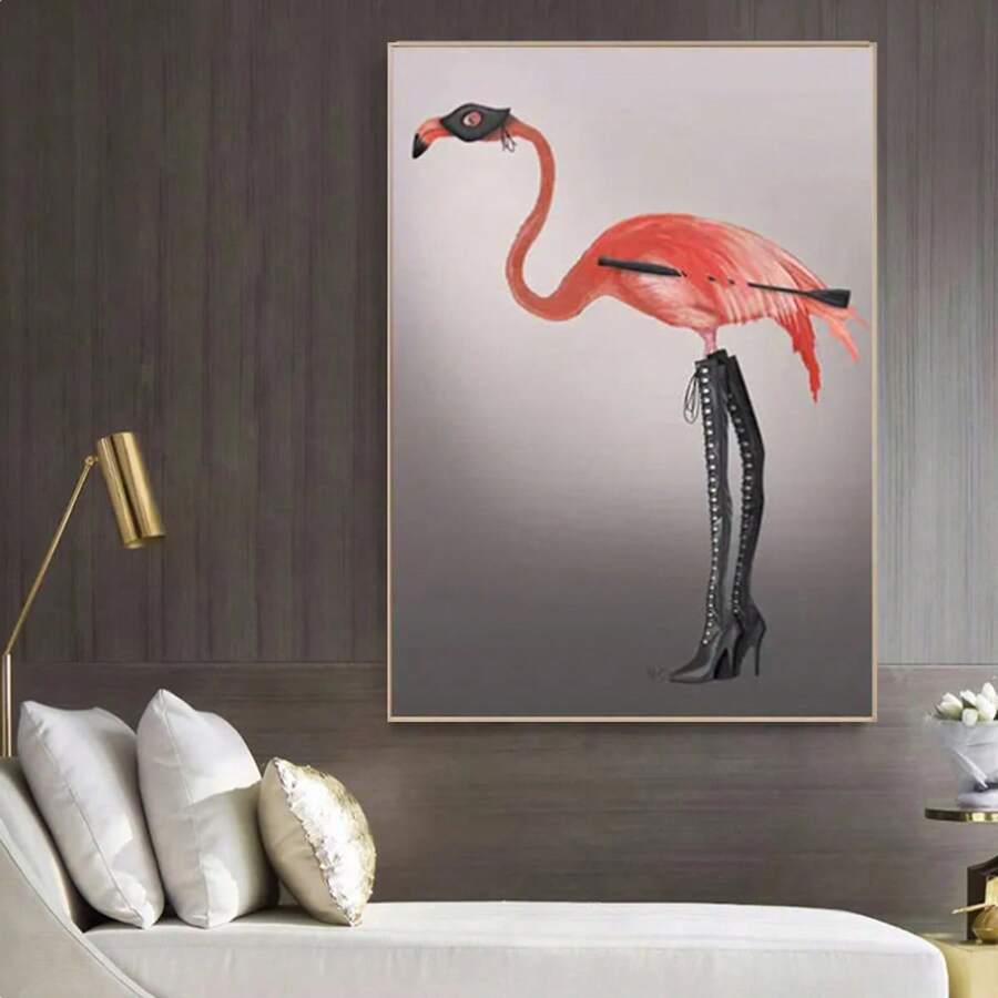 1張現代動物牆藝術海報及印花帆布畫,包含火烈鳥和金色鑰匙靴,適用於客廳家居裝飾,不包含相框