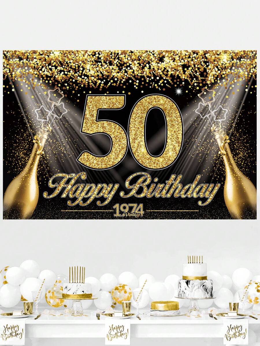 1入黑金50歲生日懸掛式後幕布,生日派對背景裝飾用品,創意花紋背景 - 彩色 - 查看 1