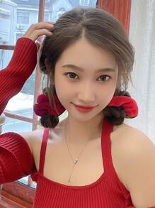 7件套女士红色调毛绒兔毛纯色简约厚实发圈套装，适合日常佩戴、化妆和搭配休闲服饰，兔耳朵发圈，蓬松发绳，马尾辫发饰，弹性发带，美发家居饰品 - 紅色 - 查看 5