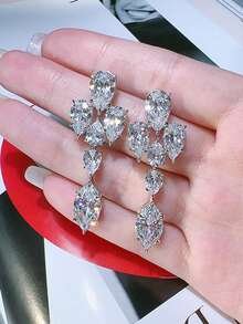 1對華麗的立體方形鋯石掛墜耳環,女士婚禮、訂婚、周年慶祝、派對、情人節禮物