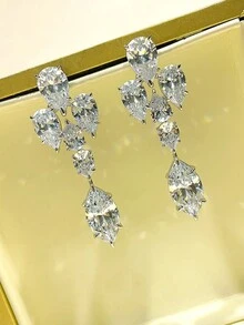 1對華麗的立體方形鋯石掛墜耳環,女士婚禮、訂婚、周年慶祝、派對、情人節禮物