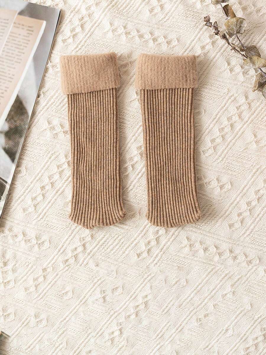 1雙兒童加厚絨面長筒襪,條紋羊絨雪地襪,男女童適用 - 卡其色 - 查看 1