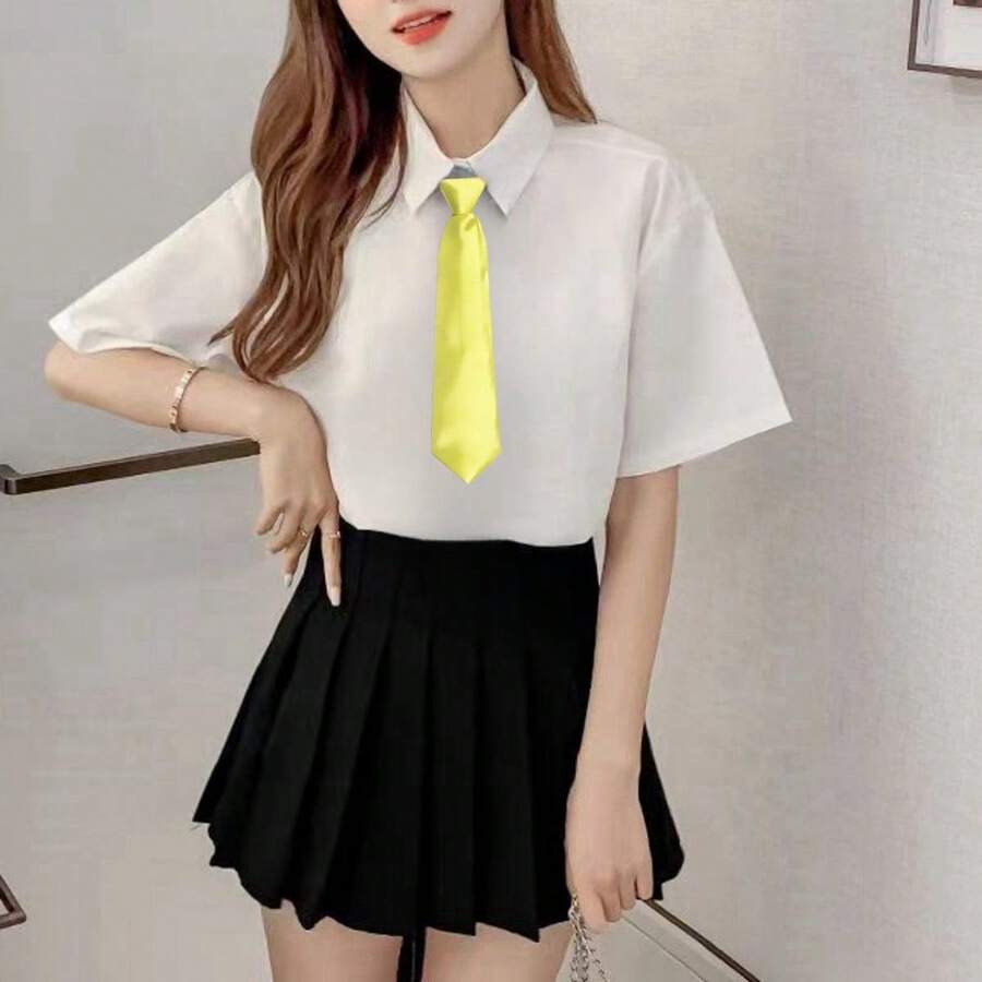 1 件女式純甜黃色預繫領帶學校風格短領帶可愛韓國和日本設計 - 薑色 - 查看 1