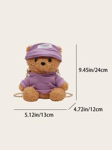 時尚卡通毛絨泰迪熊肩袋,金屬鏈帶肩帶,兒童款,男女皆宜