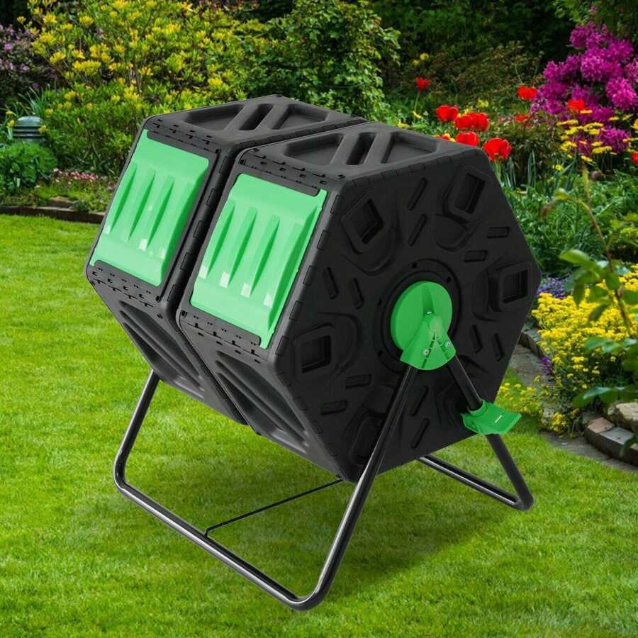 DC DICLASSE 34 Gal Outdoor Compost Tumbler Bin 360° Dual Chamber Rotating with 2 Sliding Doors & Lockable Brake - xanh đen - Xem 1