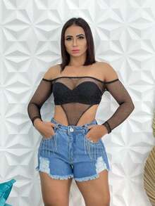 Short Jeans Feminino com Brilho Destroyed - Lavagem Média - Visão 4