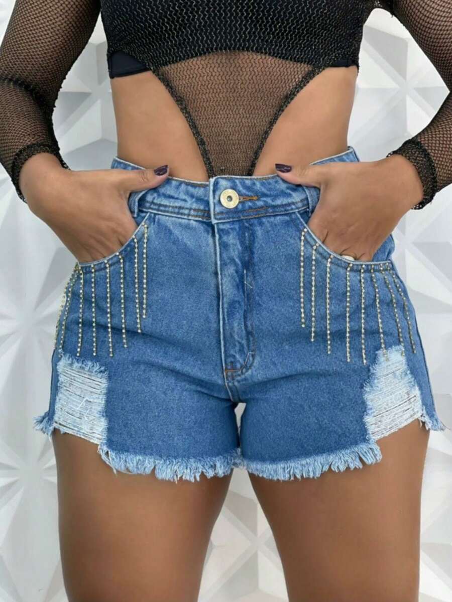 Short Jeans Feminino com Brilho Destroyed - Lavagem Média - Visão 1