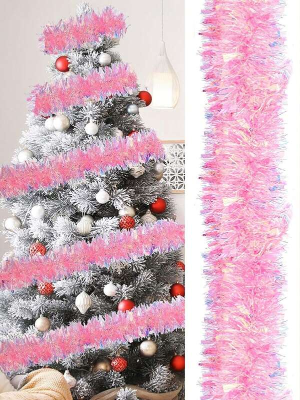 2pcs-Christmas Tinsel Garland Christmas Tree Decorations, Shiny Metallic Tinsel Twist Garland, Christmas Garland Ornament Glitter Tinsel Twist Garland,Holiday Decorative Strips,Party Decor Supplies, For Party Christmas Holiday Wedding Birthday Tree Wall Rail(Pink)