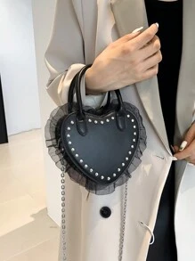 全新時尚心型鉚釘拼接個性手提包、肩背包、斜背包。送給女朋友、女士和女人的最佳情人節禮物。非常適合購物、日常使用 - 黑色 - 查看 5