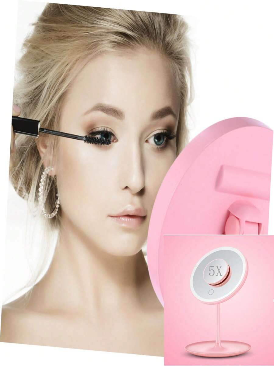 Led Storage Mirror Stand With 5x Magnifying Mirror - Pink - View 1