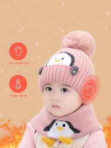 2入組小企鵝粉色兒童帽圍巾套裝,嬰兒厚實針織帽子保暖秋冬