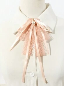 1入女士假珍珠吊墜蕾絲結帶粉紅色優雅蝴蝶領結,適合派對和日常穿著
