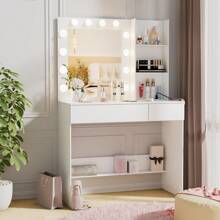 AYYDS Dressing Table With LED Lighting, White Dressing Table With Mirror And Charging Station, Dressing Table With 2 Drawers And 3 Shelves, Mirror Dressing Table With Lighting, Dressing Table - White - View 1