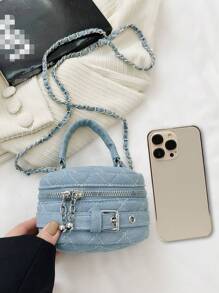 Kids Denim Handbag With Chain Strap, Crossbody Box Bag, Lightweight Mini Tote Bag, Zipper Quilted Diamond Pattern Cute Retro Casual Small Bag, Suitable For Elementary School Boys And Girls