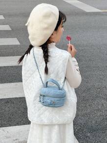 Kids Denim Handbag With Chain Strap, Crossbody Box Bag, Lightweight Mini Tote Bag, Zipper Quilted Diamond Pattern Cute Retro Casual Small Bag, Suitable For Elementary School Boys And Girls