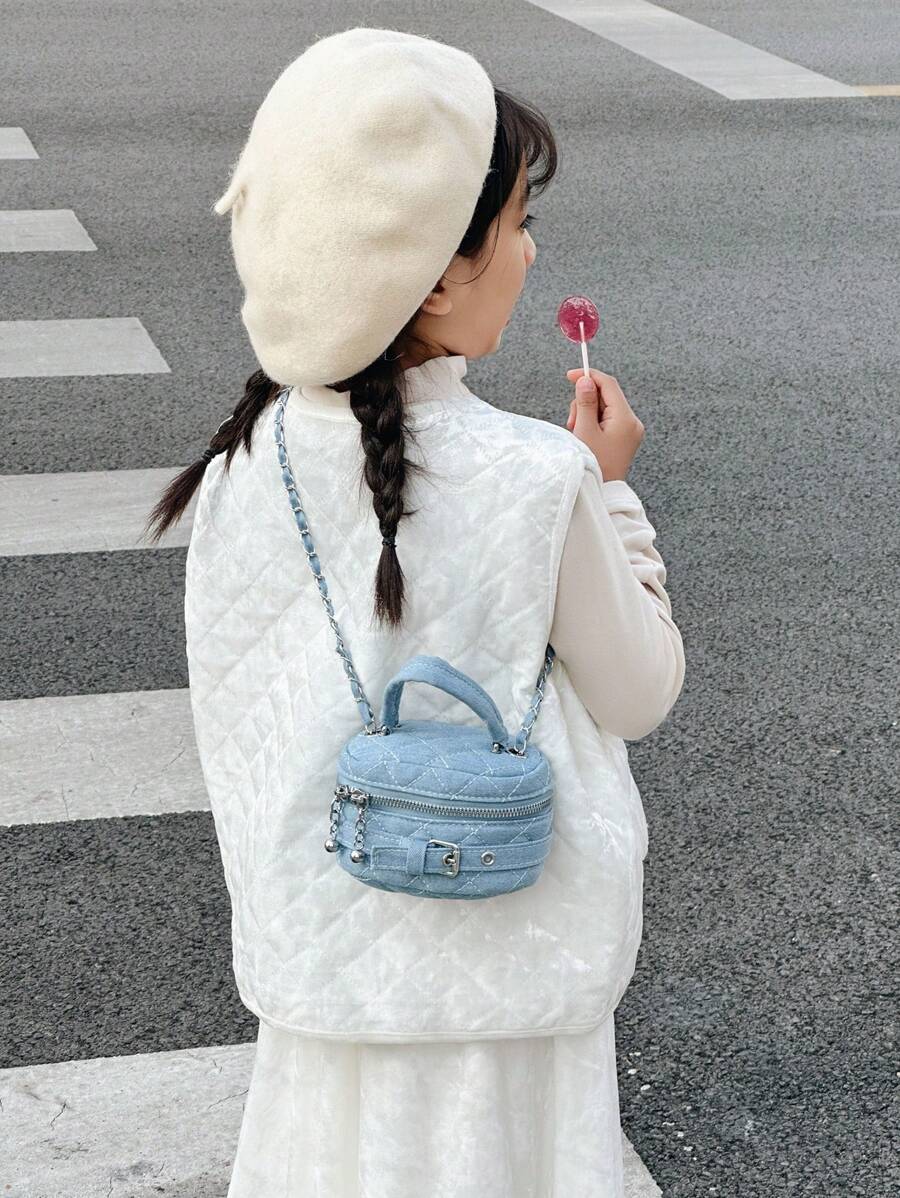 Kids Denim Handbag With Chain Strap, Crossbody Box Bag, Lightweight Mini Tote Bag, Zipper Quilted Diamond Pattern Cute Retro Casual Small Bag, Suitable For Elementary School Boys And Girls