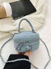 Kids Denim Handbag With Chain Strap, Crossbody Box Bag, Lightweight Mini Tote Bag, Zipper Quilted Diamond Pattern Cute Retro Casual Small Bag, Suitable For Elementary School Boys And Girls