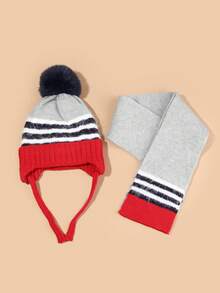 兒童和男孩條紋提花柔軟、彈性、舒適和溫暖的毛線帽圍巾手套三件套,適合聖誕和其他假日使用 - 彩色 - 查看 3