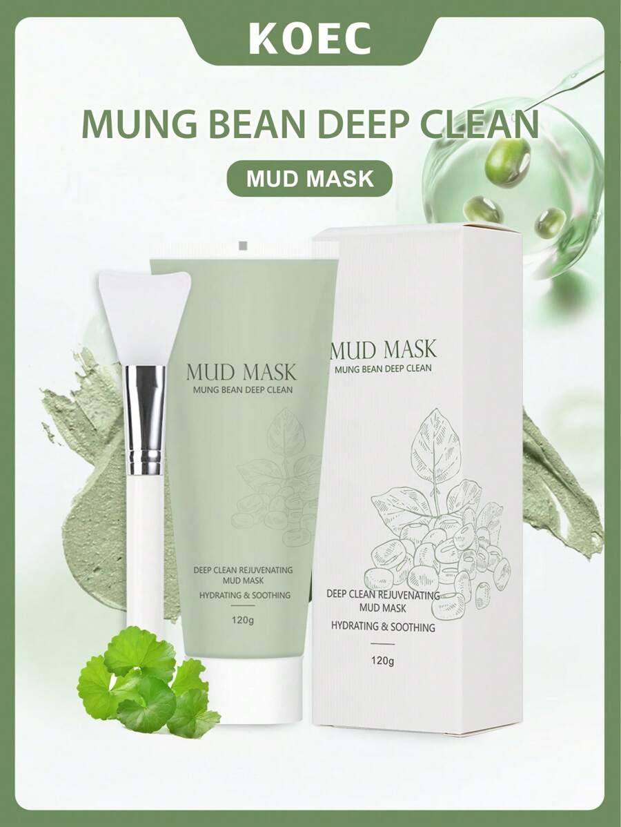 KOEC 綠豆深層清潔煥活泥面膜 120 克，深層清潔泥面膜帶刷，針對黑頭、粉刺、毛孔粗大和色素沉著、收縮毛孔、控油、清爽肌膚
