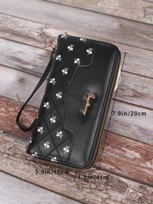Túi đựng điện thoại di động họa tiết hoa dành cho nữ có nhiều ngăn đựng thẻ và dày dặn, ví đựng tiền xu cho nữ, ví dài, ví đeo tay - màu đen - Xem 4