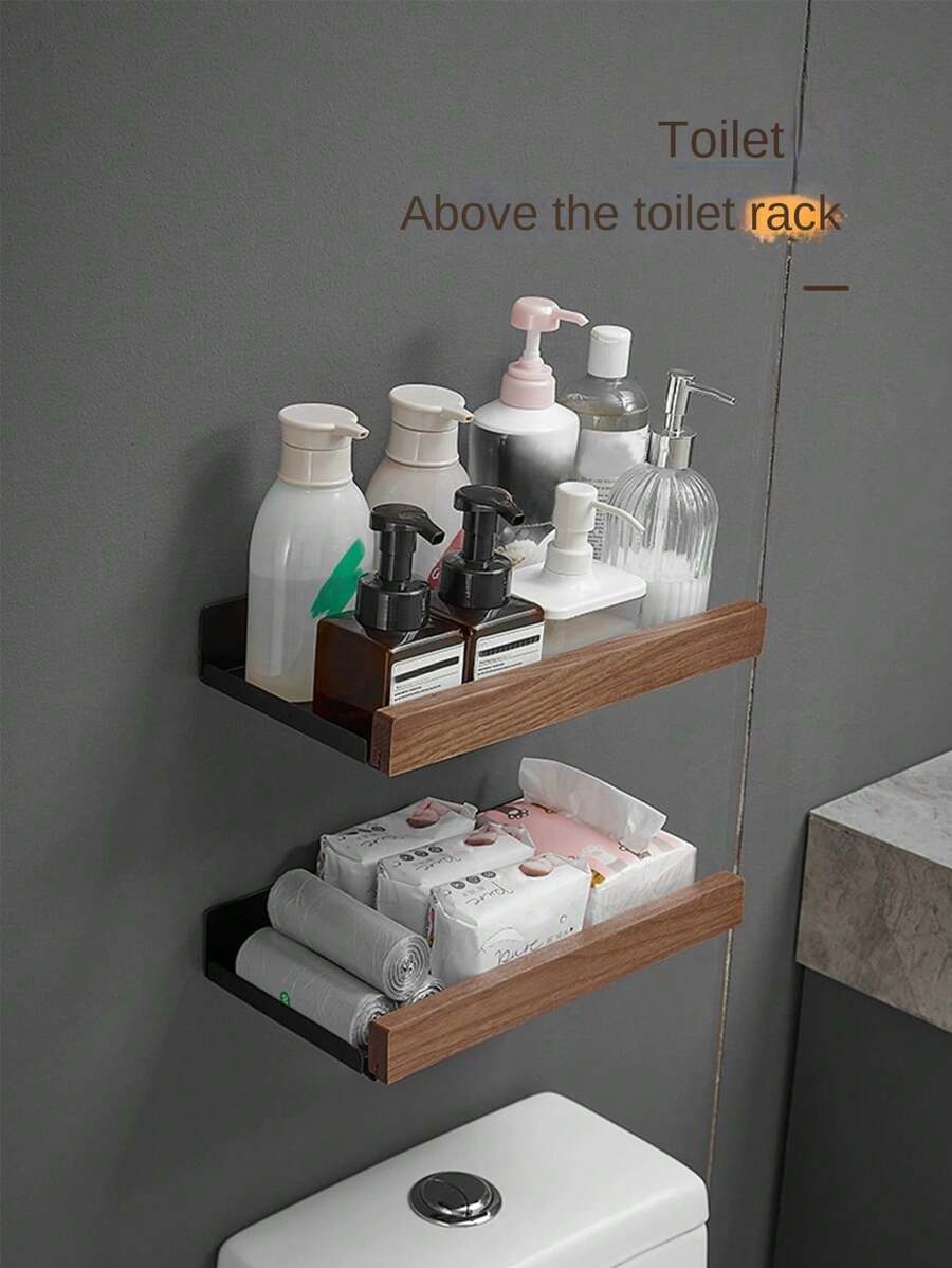 Walnut Storage Shelf, Space Aluminum Black Bathroom Washstand Suitable For Bathroom, Toilet, Bathroom, Wall-mounted Cosmetic Rack - Black - View 1