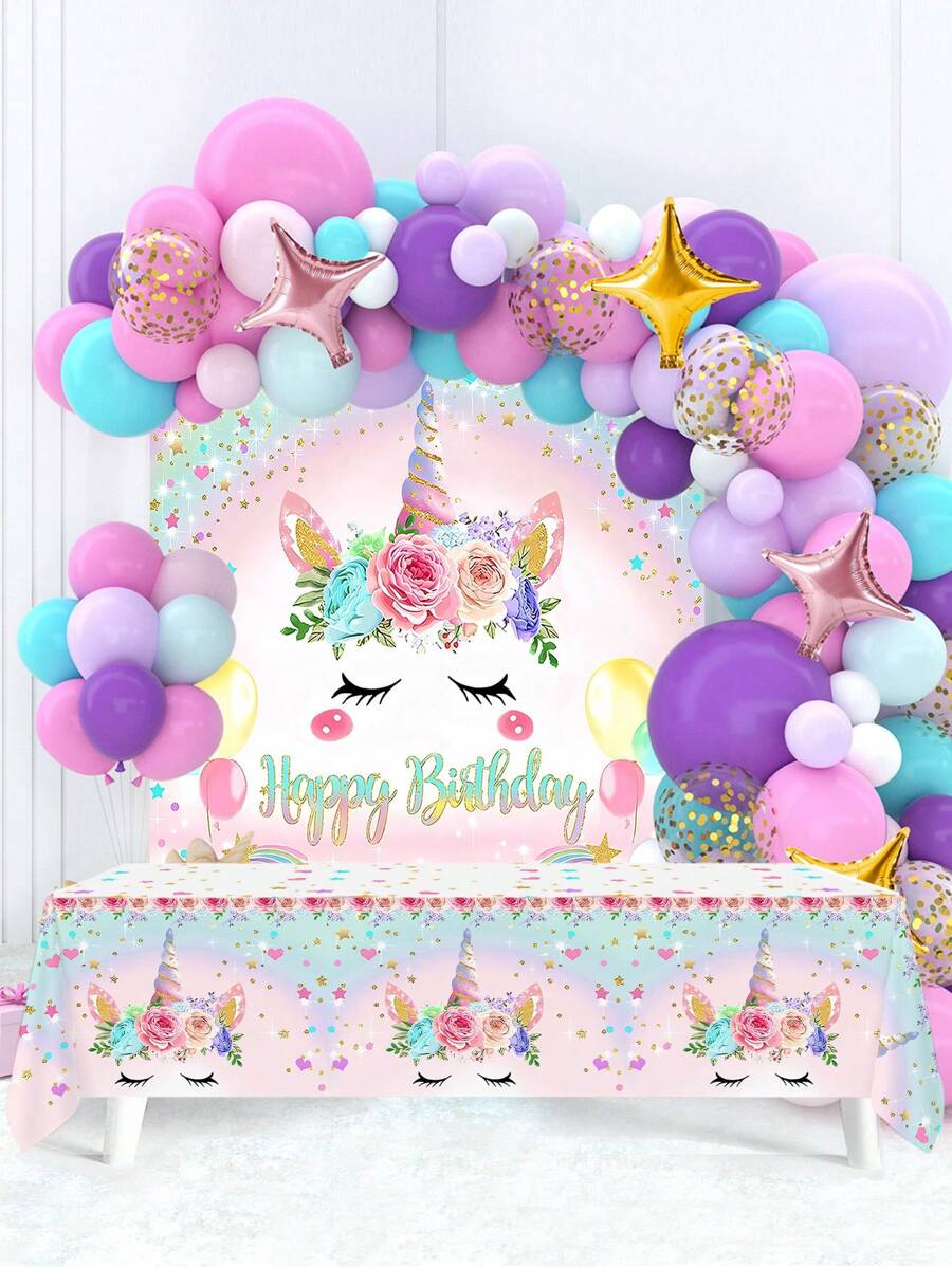 93pcs/Set Pink Purple Unicorn Birthday Balloon Backcloth Set, Balloon Set Perfect For Birthday Party Wall Background, Decorative Balloon Arch Kit, Birthday Gift Party Favor, Birthday Decor Birthday Balloon, Unicorn Decor, Ladies' Birthday Decoration, Including 89pcs Pink Purple Confetti Balloon &1pc Unicorn Birthday Background & 1pc Unicorn Tablecloth Table Cover & 2pcs Balloon Accessory