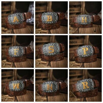 1pc masculino estilo ocidental pu cinto com 26 fivelas de alfabeto (com ferramenta de perfuração) boho abóboras de halloween