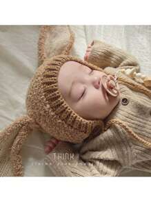 1pc Baby Thickened Plush Camel Colored Hat, Cute Cartoon Long Ear Winter Ear Protection Headwear