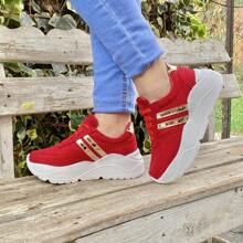 TENIS DEPORTIVOS CASUALES MUJER PLATAFORMA ROJO LINEAS DORADAS ZAPATILLAS CON CORDONES PARA DAMA - Rojo - Ver 2