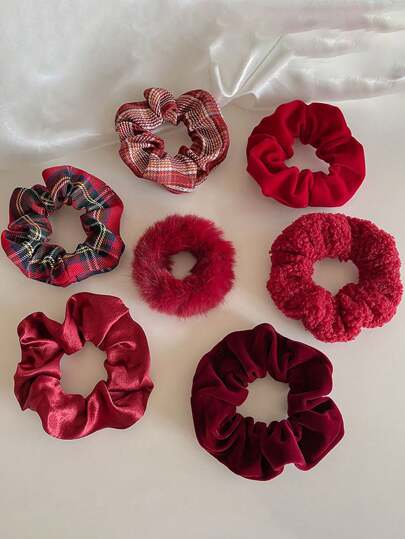 7pcs Women's Red Tone Plush Rabbit Fur Solid Color Simple And Thick Hair Loop And Hair Tie Set For Daily Wear, Make-Up, And Clothing Match Casual,Bunny Ears Scrunchies Crunchy Hair Ties