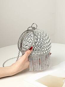 Mini Rhinestone Tassel Handheld Evening Bag, Glamorous Rhinestone Bag - Silver - View 2
