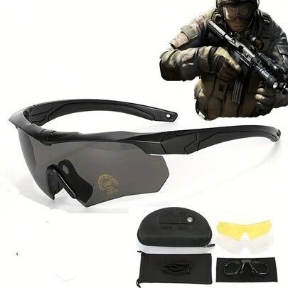 树脂军事爱好者 CS 眼镜、射击护目镜、防风沙户外运动防风护目镜射击眼镜 - 3 种颜色聚碳酸酯替换镜片多选