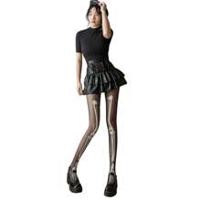 Medias de Nylon con diseño de Huesos Esqueleto Fotoluminicentes Pantimedias de Halloween - Negro - Ver 1