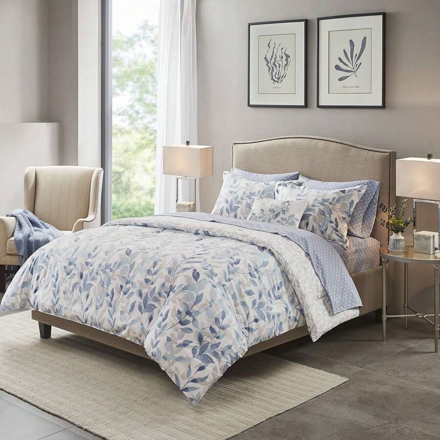 Reversible 8 Piece Comforter Set With Bed Sheets - Blue - View 1