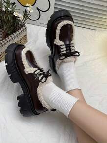 Women's Winter Thermal Lined Shoes 2023 New Fashionable Versatile Small Pu Leather Shoes, Warm & Comfortable With Thick Sole Loafers For Outdoor Wear
