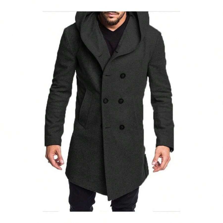 Chaqueta Con Capucha De Gabardina Larga De Moda Para Hombre - Negro - Ver 1