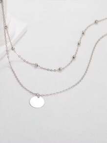 1pc Women's Double Layered Silver-tone Clavicle Necklace With Round Bead & Disc Pendant, Vintage & Simple