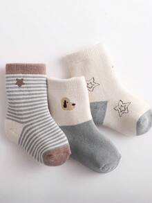 3對可愛卡通設計加厚保暖中筒嬰兒襪(男女通用),冬季