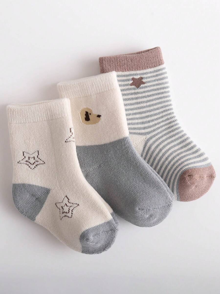 3對可愛卡通設計加厚保暖中筒嬰兒襪(男女通用),冬季