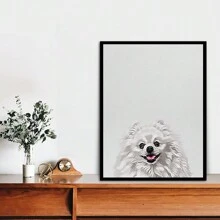 1入組12x16英寸裝框動物畫布印刷,可愛的白色波美拉尼亞狗對你微笑致意,動物藝術海報,適用於家庭辦公室客廳臥室牆壁裝飾