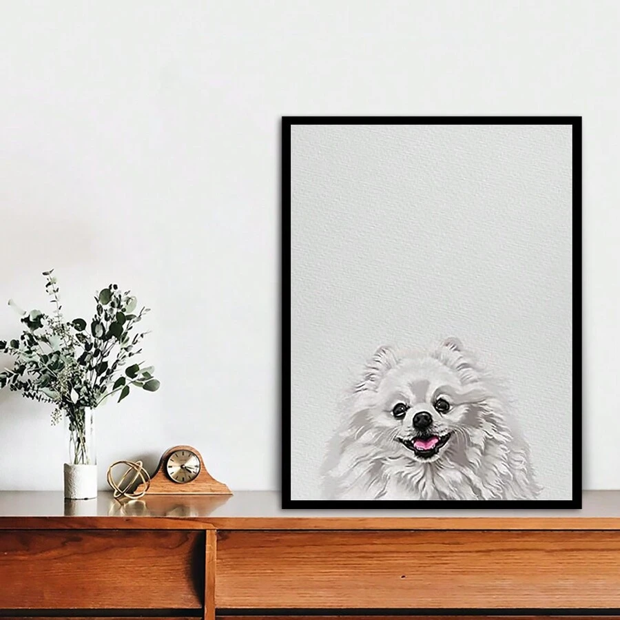 1入組12x16英寸裝框動物畫布印刷,可愛的白色波美拉尼亞狗對你微笑致意,動物藝術海報,適用於家庭辦公室客廳臥室牆壁裝飾