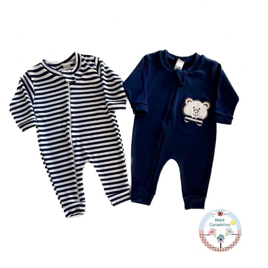 Kit 2 Baby Boy Rompers With Embroidered Zipper 100% Cotton Suedine - Navy Blue - View 1