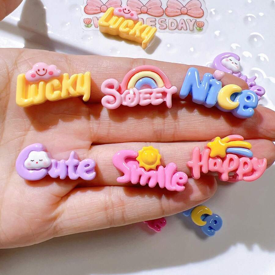 10pcs Delicate & Cute Rainbow Mixed Heart, Letter, Cartoon Resin Jewelry Accessories DIY Material Set - Multicolor - View 1