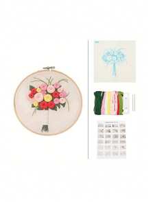 3 套初学者花卉刺绣套件，带图案、十字绣套件、说明书、1 个绣花箍、彩色线和针（配件颜色随机） - 彩色 - 查看 3