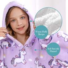 Wearable Blanket For Kids With Large Pocket, Cartoon Flannel Sherpa Oversized Blanket Hoodie, For Boys Girls - Purple Pony - View 3