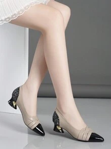 新款亮片高跟鞋，女款，蓝色、黑色、杏色、卡其色、银色，粗跟时尚女鞋 - 卡其色 - 查看 4